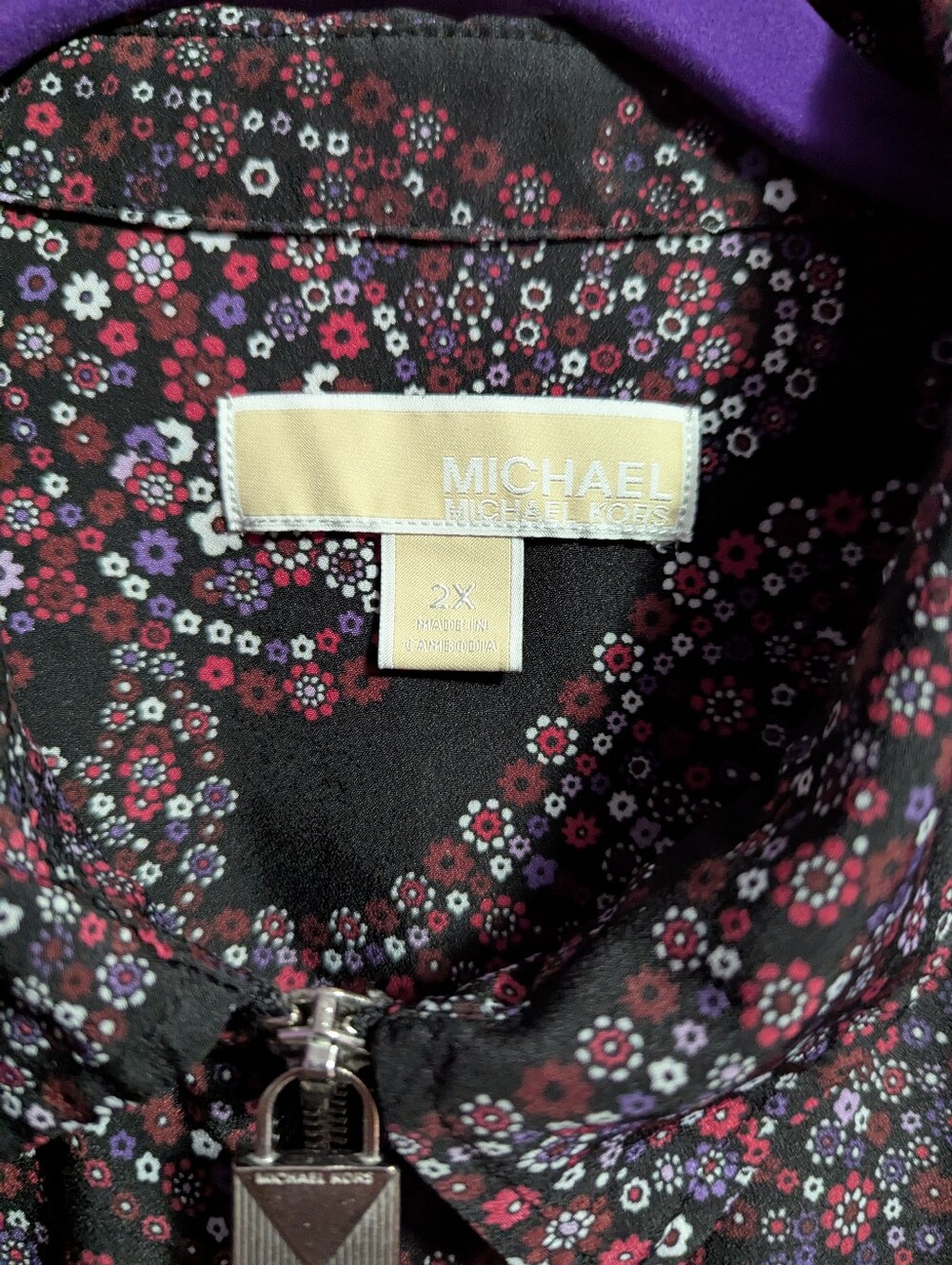 39. Michael Kors Black Purple Floral Paisley Lightweight Zip Up Jacket 2X 18 20 - Picture 2 of 3
